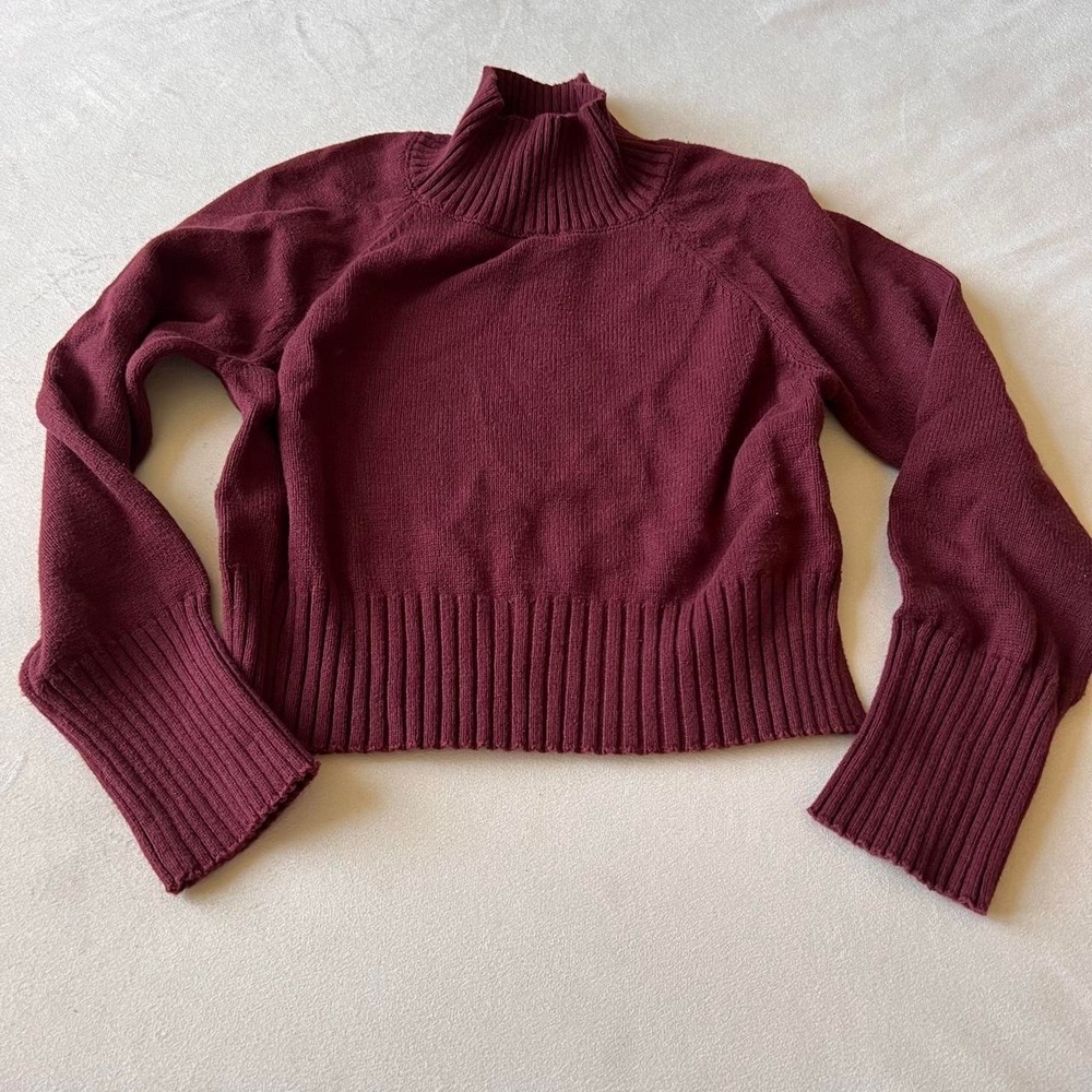Burgundy turtleneck mock neck crop sweater, librarian Career office Professional